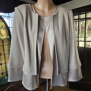 ST. JOHN COUTURE Open Cardigan Gold Metallic Knit Satin Layered Casual Elegance